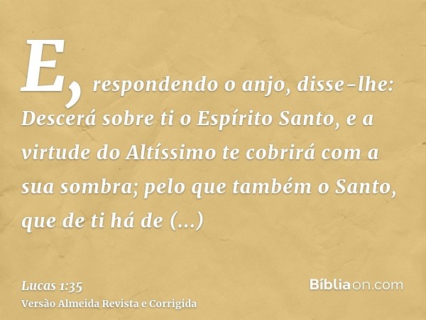 E, respondendo o anjo, disse-lhe: Descerá sobre ti o Espírito Santo, e a virtude do Altíssimo te cobrirá com a sua sombra; pelo que também o Santo, que de ti há