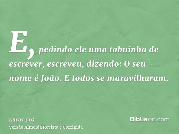 E, pedindo ele uma tabuinha de escrever, escreveu, dizendo: O seu nome é João. E todos se maravilharam.