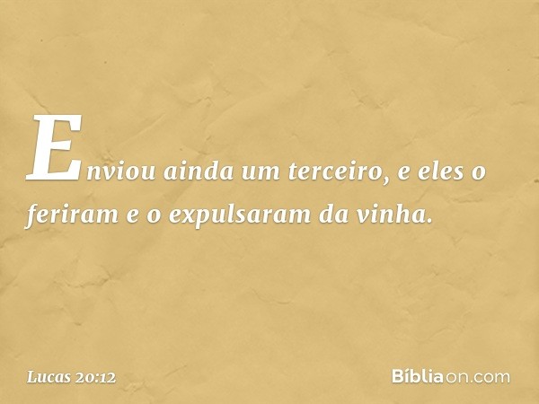 Enviou ainda um terceiro, e eles o feriram e o expulsaram da vinha. -- Lucas 20:12