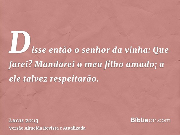 Disse então o senhor da vinha: Que farei? Mandarei o meu filho amado; a ele talvez respeitarão.