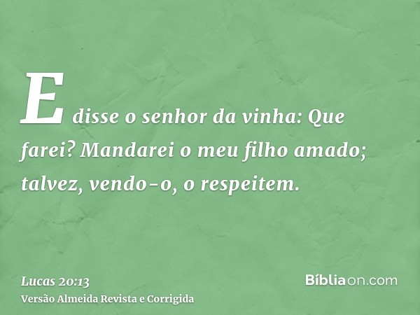 E disse o senhor da vinha: Que farei? Mandarei o meu filho amado; talvez, vendo-o, o respeitem.
