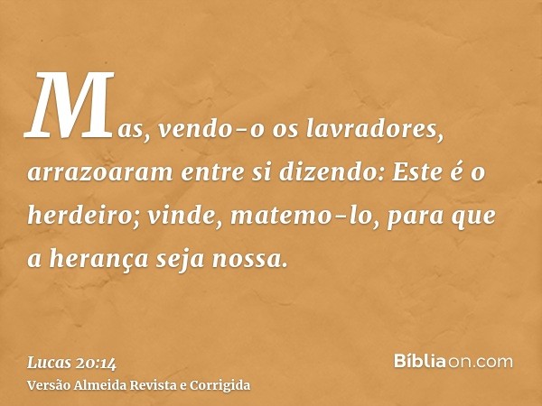 Mas, vendo-o os lavradores, arrazoaram entre si dizendo: Este é o herdeiro; vinde, matemo-lo, para que a herança seja nossa.