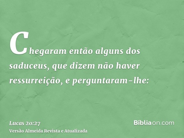 Chegaram então alguns dos saduceus, que dizem não haver ressurreição, e perguntaram-lhe: