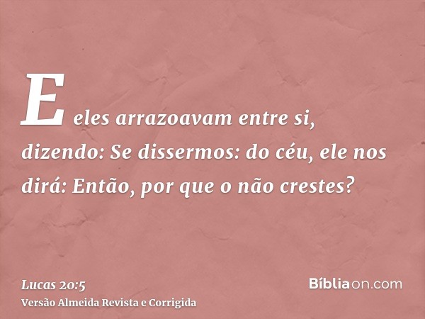 E eles arrazoavam entre si, dizendo: Se dissermos: do céu, ele nos dirá: Então, por que o não crestes?