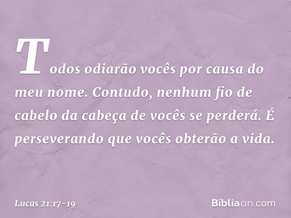 Todos odiarão vocês por causa do meu nome. Contudo, nenhum fio de cabelo da cabeça de vocês se perderá. É perseverando que vocês obterão a vida. -- Lucas 21:17-