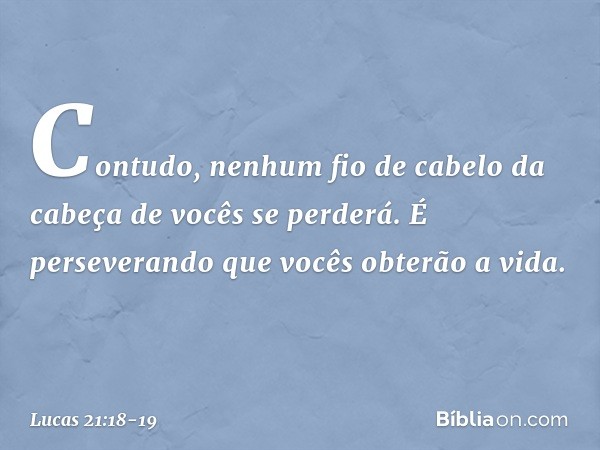 Contudo, nenhum fio de cabelo da cabeça de vocês se perderá. É perseverando que vocês obterão a vida. -- Lucas 21:18-19