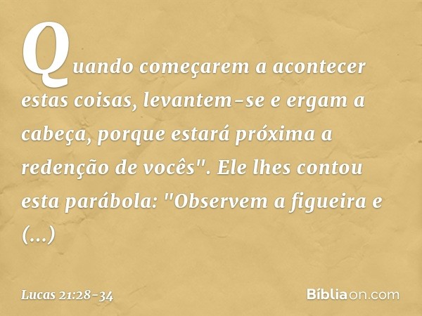 Quando começarem a acontecer estas coisas, levantem-se e ergam a cabeça, porque estará próxima a redenção de vocês". Ele lhes contou esta parábola: "Observem a 