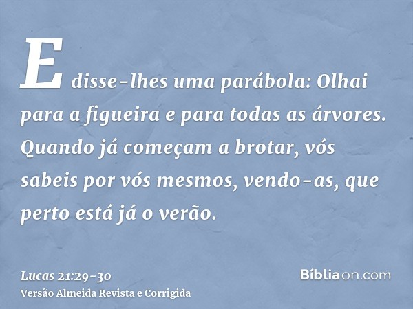 E disse-lhes uma parábola: Olhai para a figueira e para todas as árvores.Quando já começam a brotar, vós sabeis por vós mesmos, vendo-as, que perto está já o ve