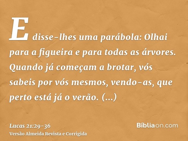 E disse-lhes uma parábola: Olhai para a figueira e para todas as árvores.Quando já começam a brotar, vós sabeis por vós mesmos, vendo-as, que perto está já o ve