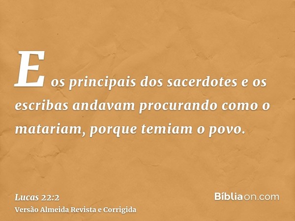 E os principais dos sacerdotes e os escribas andavam procurando como o matariam, porque temiam o povo.