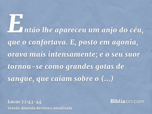 Então lhe apareceu um anjo do céu, que o confortava.E, posto em agonia, orava mais intensamente; e o seu suor tornou-se como grandes gotas de sangue, que caíam 