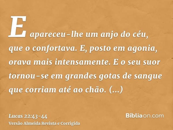 E apareceu-lhe um anjo do céu, que o confortava.E, posto em agonia, orava mais intensamente. E o seu suor tornou-se em grandes gotas de sangue que corriam até a