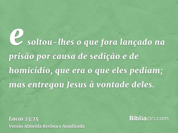 e soltou-lhes o que fora lançado na prisão por causa de sedição e de homicídio, que era o que eles pediam; mas entregou Jesus à vontade deles.