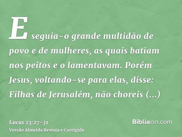 E seguia-o grande multidão de povo e de mulheres, as quais batiam nos peitos e o lamentavam.Porém Jesus, voltando-se para elas, disse: Filhas de Jerusalém, não 