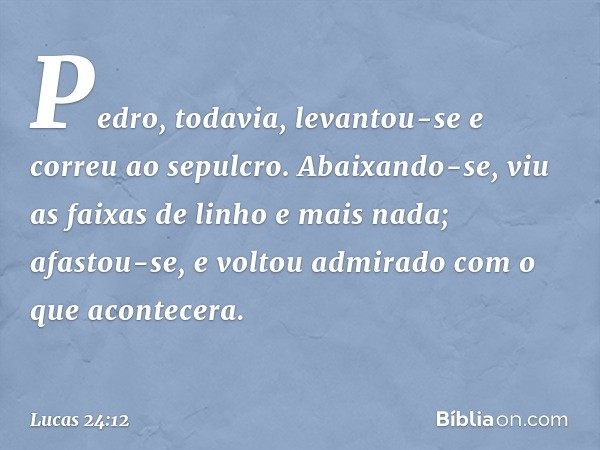 Pedro, todavia, levantou-se e correu ao sepulcro. Abaixando-se, viu as faixas de linho e mais nada; afastou-se, e voltou admirado com o que acontecera. -- Lucas