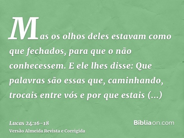 Mas os olhos deles estavam como que fechados, para que o não conhecessem.E ele lhes disse: Que palavras são essas que, caminhando, trocais entre vós e por que e