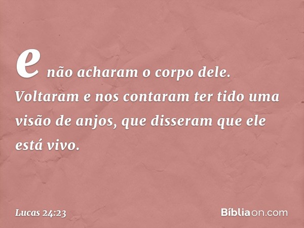 e não acharam o corpo dele. Voltaram e nos contaram ter tido uma visão de anjos, que disseram que ele está vivo. -- Lucas 24:23