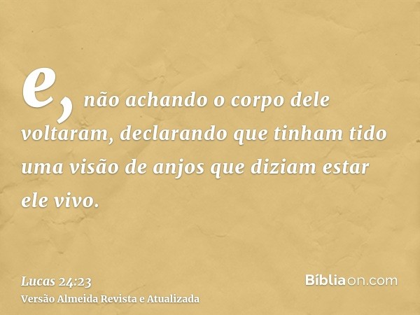 e, não achando o corpo dele voltaram, declarando que tinham tido uma visão de anjos que diziam estar ele vivo.