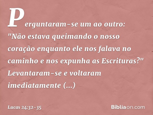 Perguntaram-se um ao outro: "Não estava queimando o nosso coração enquanto ele nos falava no caminho e nos expunha as Escrituras?" Levantaram-se e voltaram imed