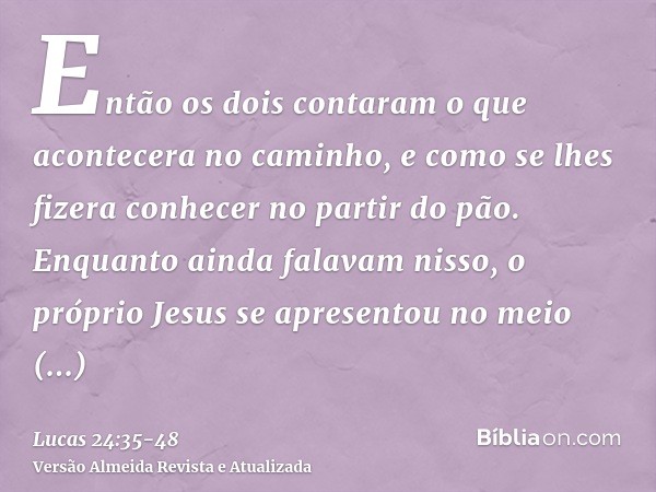 Então os dois contaram o que acontecera no caminho, e como se lhes fizera conhecer no partir do pão.Enquanto ainda falavam nisso, o próprio Jesus se apresentou 