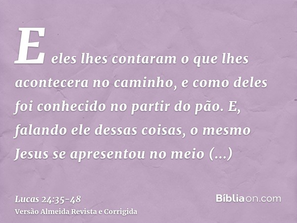 E eles lhes contaram o que lhes acontecera no caminho, e como deles foi conhecido no partir do pão.E, falando ele dessas coisas, o mesmo Jesus se apresentou no 