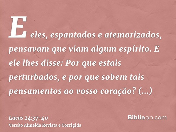 E eles, espantados e atemorizados, pensavam que viam algum espírito.E ele lhes disse: Por que estais perturbados, e por que sobem tais pensamentos ao vosso cora