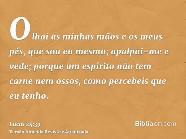 Olhai as minhas mãos e os meus pés, que sou eu mesmo; apalpai-me e vede; porque um espírito não tem carne nem ossos, como percebeis que eu tenho.