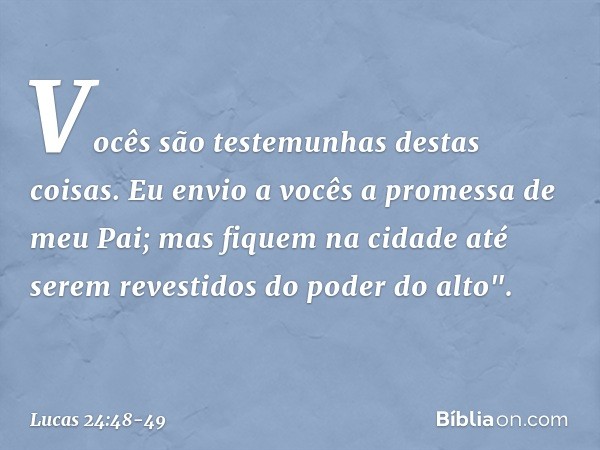 Vocês são testemunhas destas coisas. Eu envio a vocês a promessa de meu Pai; mas fiquem na cidade até serem revestidos do poder do alto". -- Lucas 24:48-49