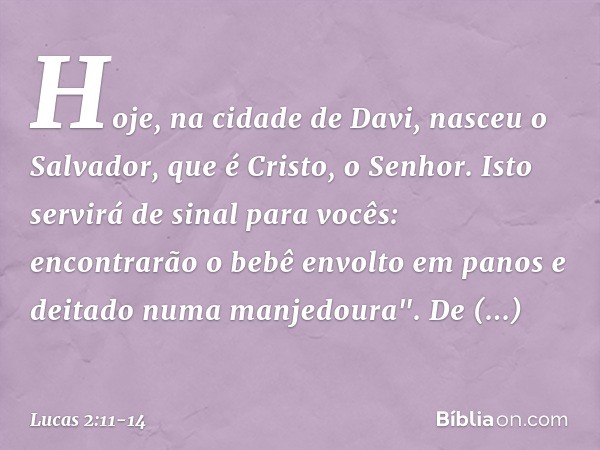 Hoje, na cidade de Davi, nasceu o Salvador, que é Cristo, o Senhor. Isto servirá de sinal para vocês: encontrarão o bebê envolto em panos e deitado numa manjedo