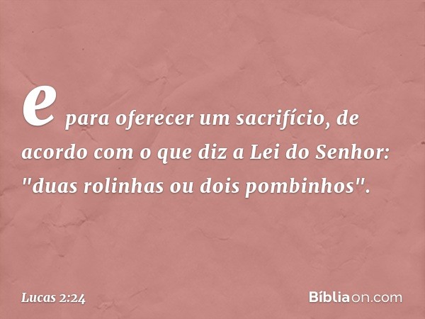 e para oferecer um sacrifício, de acordo com o que diz a Lei do Senhor: "duas rolinhas ou dois pombinhos". -- Lucas 2:24