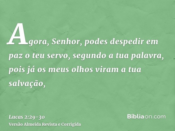 Agora, Senhor, podes despedir em paz o teu servo, segundo a tua palavra,pois já os meus olhos viram a tua salvação,