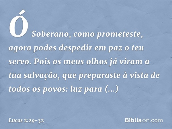 "Ó Soberano, como prometeste,
agora podes despedir em paz
o teu servo. Pois os meus olhos já viram
a tua salvação, que preparaste
à vista de todos os povos: luz