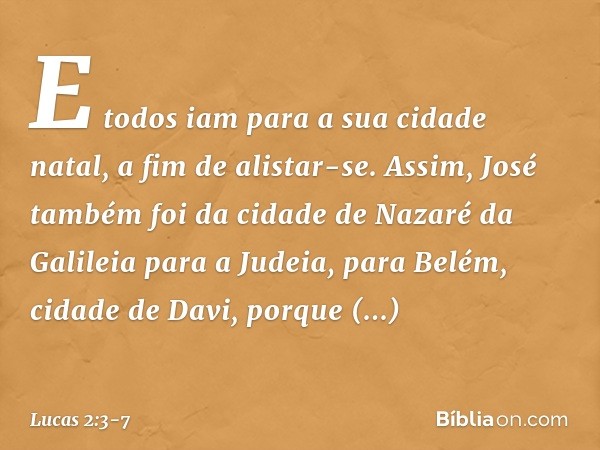 E todos iam para a sua cidade natal, a fim de alistar-se. Assim, José também foi da cidade de Nazaré da Galileia para a Judeia, para Belém, cidade de Davi, porq