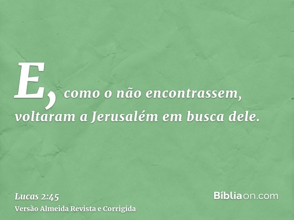 E, como o não encontrassem, voltaram a Jerusalém em busca dele.