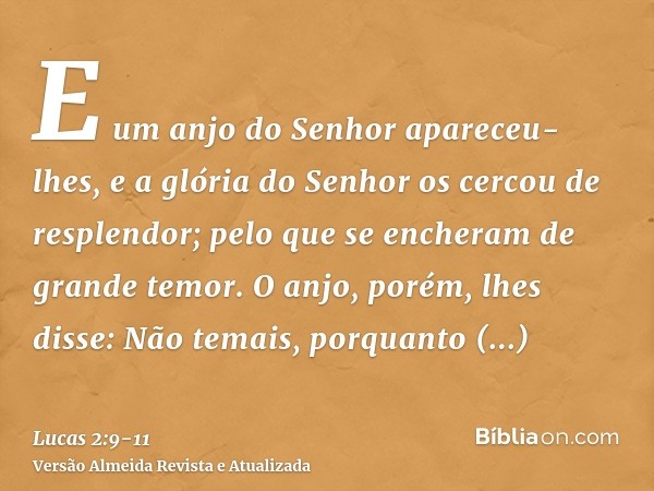 E um anjo do Senhor apareceu-lhes, e a glória do Senhor os cercou de resplendor; pelo que se encheram de grande temor.O anjo, porém, lhes disse: Não temais, por