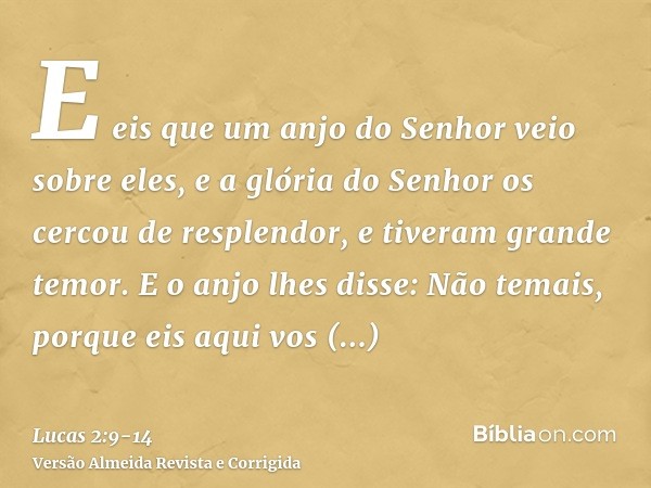 E eis que um anjo do Senhor veio sobre eles, e a glória do Senhor os cercou de resplendor, e tiveram grande temor.E o anjo lhes disse: Não temais, porque eis aq