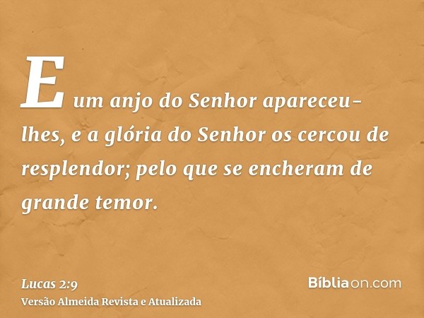 E um anjo do Senhor apareceu-lhes, e a glória do Senhor os cercou de resplendor; pelo que se encheram de grande temor.