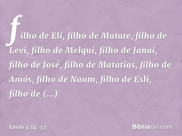 filho de Eli,
filho de Matate,
filho de Levi, filho de Melqui,
filho de Janai, filho de José, filho de Matatias,
filho de Amós,
filho de Naum, filho de Esli,
fi