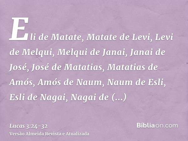 Eli de Matate, Matate de Levi, Levi de Melqui, Melqui de Janai, Janai de José,José de Matatias, Matatias de Amós, Amós de Naum, Naum de Esli, Esli de Nagai,Naga