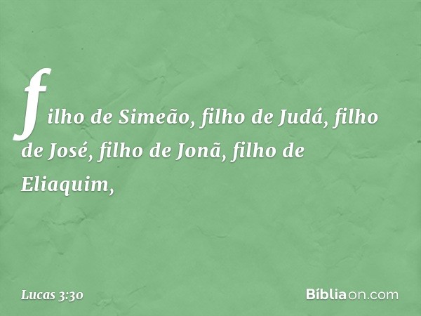 filho de Simeão,
filho de Judá, filho de José,
filho de Jonã,
filho de Eliaquim, -- Lucas 3:30