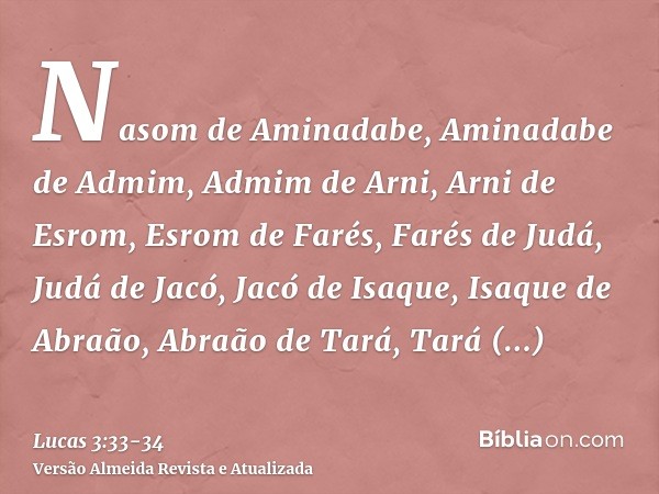 Nasom de Aminadabe, Aminadabe de Admim, Admim de Arni, Arni de Esrom, Esrom de Farés, Farés de Judá,Judá de Jacó, Jacó de Isaque, Isaque de Abraão, Abraão de Ta