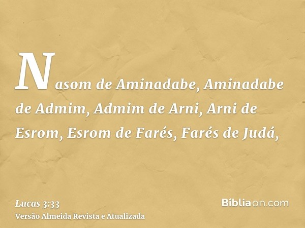 Nasom de Aminadabe, Aminadabe de Admim, Admim de Arni, Arni de Esrom, Esrom de Farés, Farés de Judá,