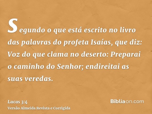 segundo o que está escrito no livro das palavras do profeta Isaías, que diz: Voz do que clama no deserto: Preparai o caminho do Senhor; endireitai as suas vered