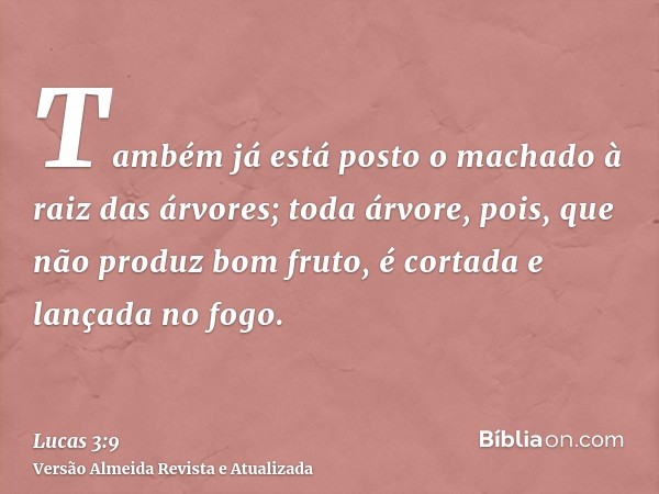 Também já está posto o machado à raiz das árvores; toda árvore, pois, que não produz bom fruto, é cortada e lançada no fogo.