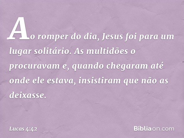 Ao romper do dia, Jesus foi para um lugar solitário. As multidões o procuravam e, quando chegaram até onde ele estava, insistiram que não as deixasse. -- Lucas 