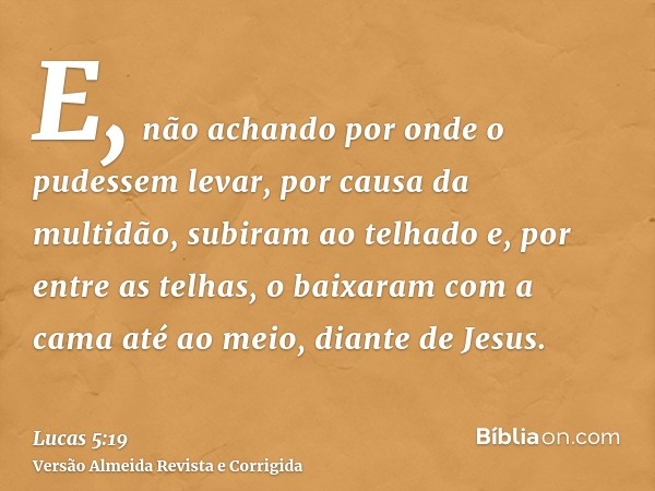 E, não achando por onde o pudessem levar, por causa da multidão, subiram ao telhado e, por entre as telhas, o baixaram com a cama até ao meio, diante de Jesus.