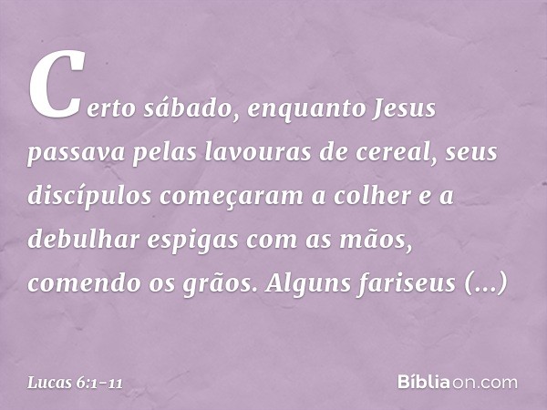 Certo sábado, enquanto Jesus passava pelas lavouras de cereal, seus discípulos começaram a colher e a debulhar espigas com as mãos, comendo os grãos. Alguns far