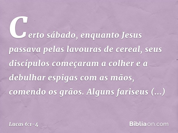 Certo sábado, enquanto Jesus passava pelas lavouras de cereal, seus discípulos começaram a colher e a debulhar espigas com as mãos, comendo os grãos. Alguns far