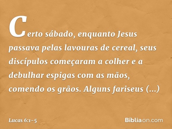 Certo sábado, enquanto Jesus passava pelas lavouras de cereal, seus discípulos começaram a colher e a debulhar espigas com as mãos, comendo os grãos. Alguns far