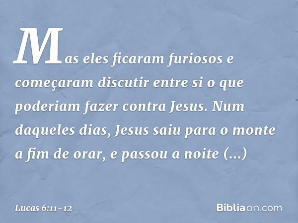 Mas eles ficaram furiosos e começaram discutir entre si o que poderiam fazer contra Jesus. Num daqueles dias, Jesus saiu para o monte a fim de orar, e passou a 